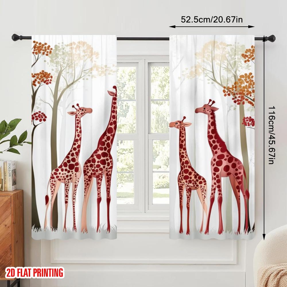 2pcs,2D Plane Printing Popular Curtains Giraffe Gathering Polyester Fabric (without Rod) Outdoor Decorations Perfect for Living