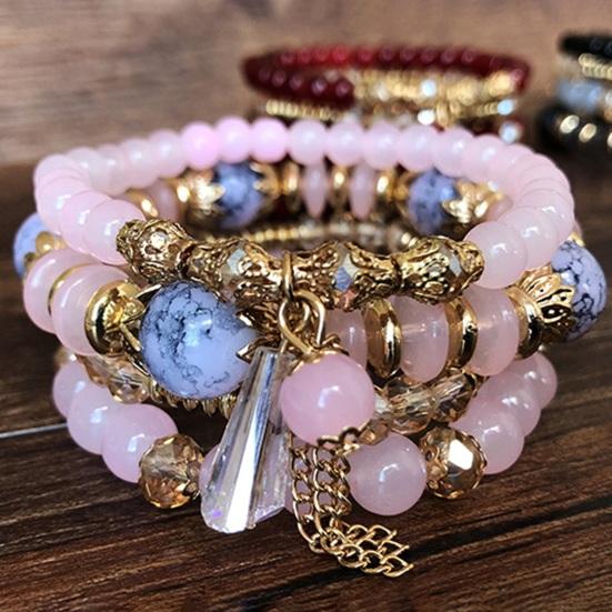 4Pcs Women Bracelets Faux Crystal Smooth Multi Pendant Jewelry Retro Bohemian Style with Elastic Cord Multi-layered Stackable Bracelet Set