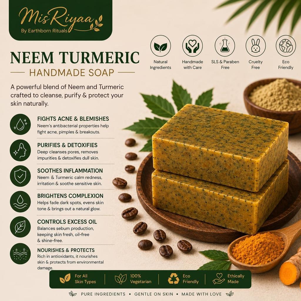 Neem Turmeric Handmade Soap | Goat Milk & Glycerin Bath Bar | Neem & Turmeric Soap for Acne-Prone Skin | Gentle Daily Cleansing | Handmade Natura