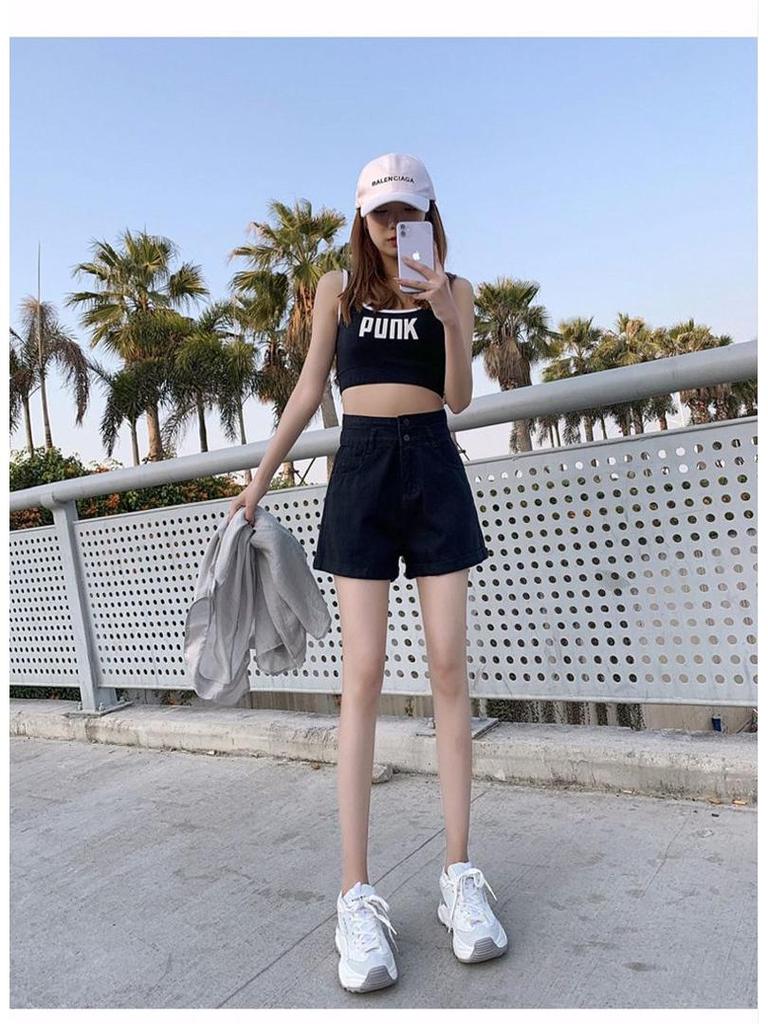 Women's Super High Waist Double Button Cuffed Denim Shorts - 2022 Spring/Summer, Slimming A-line Hot Pants, Trendy Style.