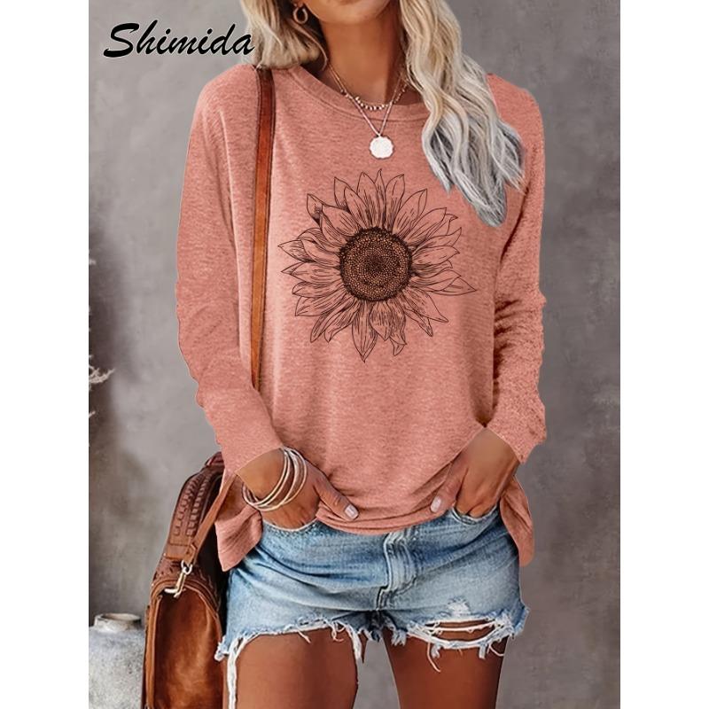 Sunflower print simple long-sleeved T-shirt
