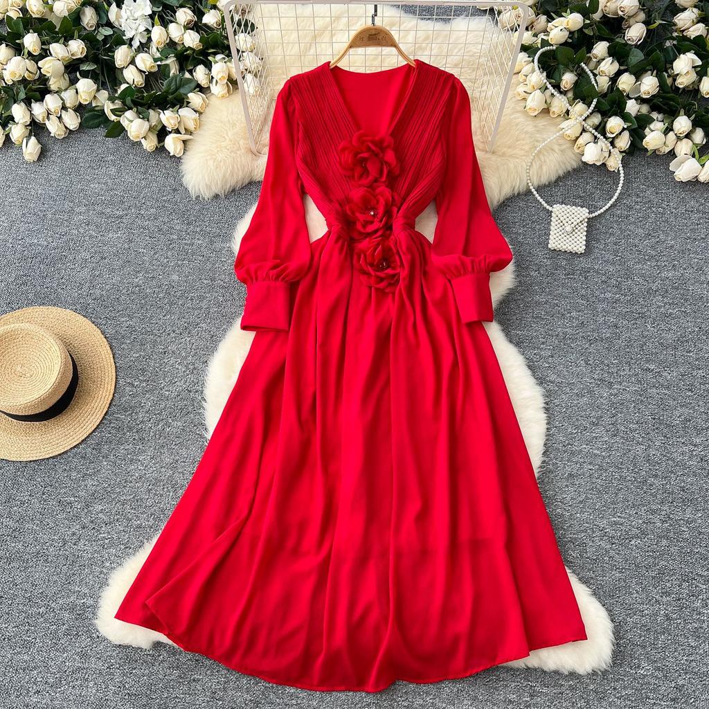 French Retro V-neck Three-dimensional Flowers Lantern Sleeve Dress Women's Waisted Temperament Swing Knee-length Elegant Long Dress