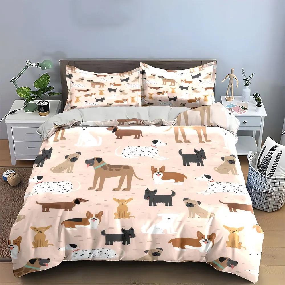 Cute Dog Pattern Three-Piece Set Bedding Set with 1 Duvet Cover 2 Pillowcases Single Double King Queen Gift