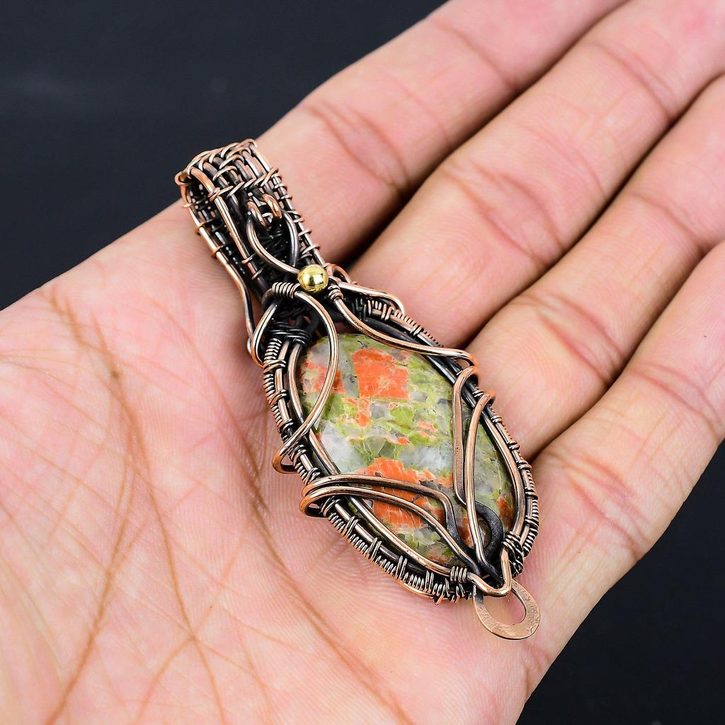 Unakite Gemstone Pure Copper Wire Wrapped Handmade Pendant Jewelry Gift For Her
