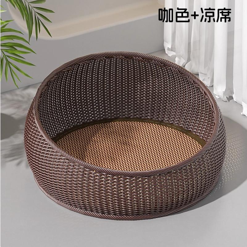 Imitation Rattan Cat House All Season Semi-Enclosed Pet Shelter Breathable Summer Cat Cave Cozy Woven Kittens Bed for Indoor