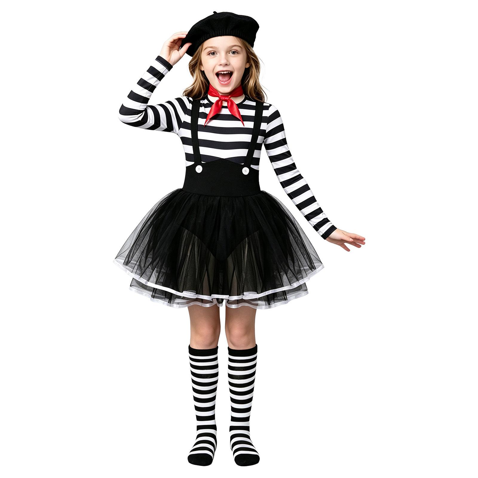 Kinder Mädchen Halloween Clown Kostüm Set Rundhals Langarm Mehrlagiges Rüschen Tüllkleid mit Hut Schal und Gestreiften Knielangen Socken für Party 7-8 Years black