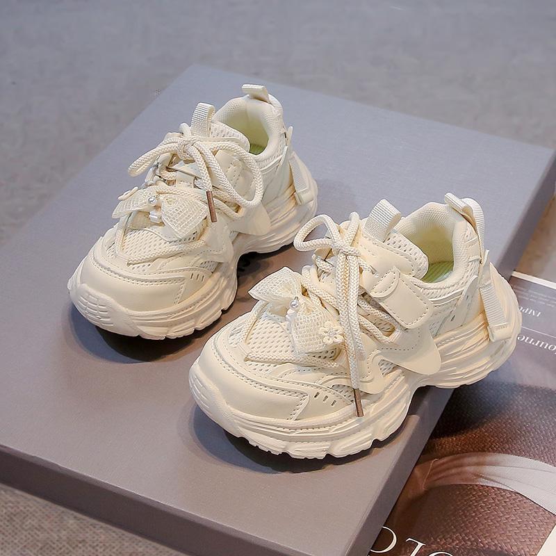 Girls Sports Shoes Princess Style Kids Sneakers with Lace Bow Sweet Flower 2025 New Fashion Girls Running Shoes Mesh Breathable