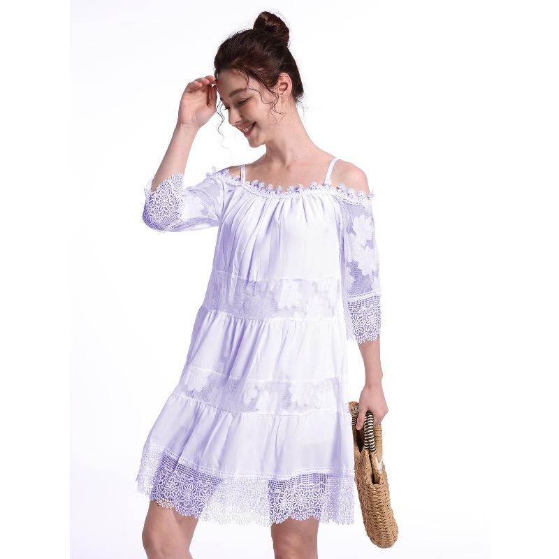 Princess Style European and American Dress Off-the-shoulder Lace Suspender Skirt Fashionable Solid Color Loose Dress