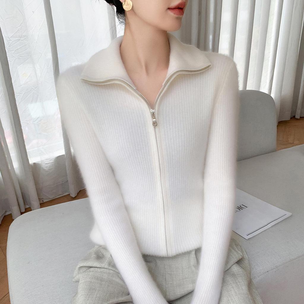 25 Premium Women's Baby Cashmere Cardigan, Double-Zipper Lapel Ribbed Sweater, Loose Wool Coat for Autumn/Winter.