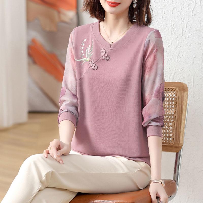 

Модная блузка с вышивкой цветов, повседневная, с принтом, вставками, женская одежда, с круглым вырезом, весна-осень, в народном китайском стиле, рубашка с застежкой-пуговицей 5XL фиолетовый