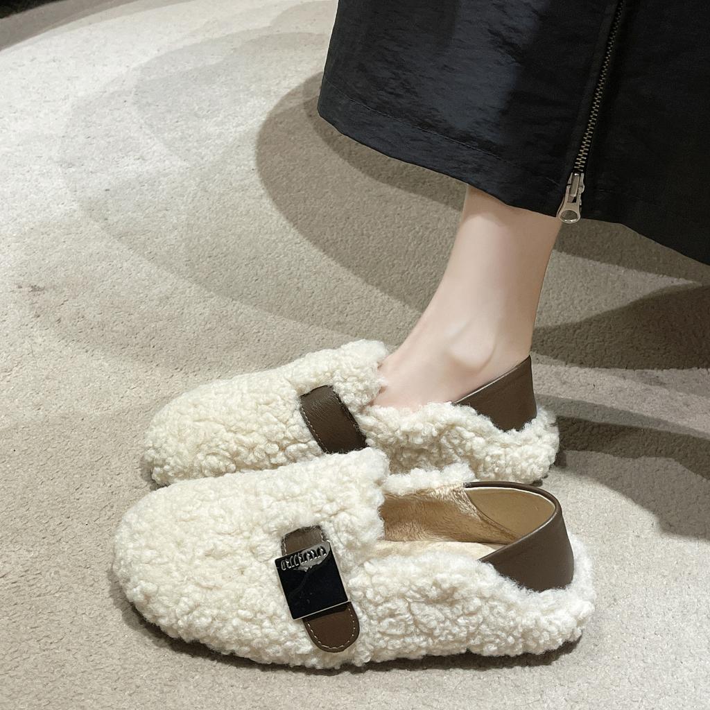 Lamb Wool Shoes Women's Autumn New Retro Flat Casual Beanie Shoes Women