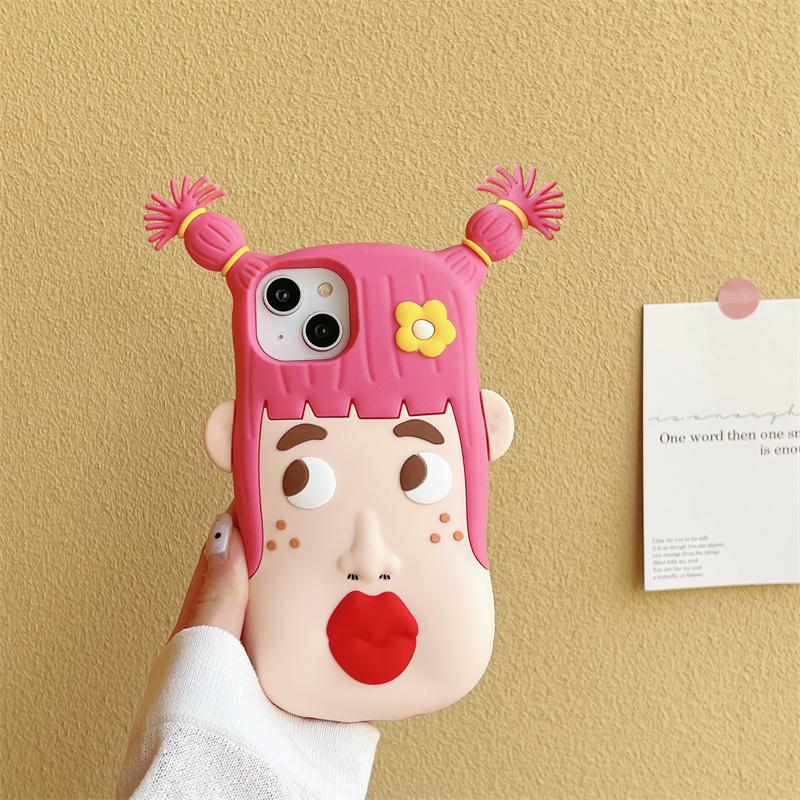 Cartoon 3D Red Lip Ugly Girl Silicone Phone Case for iPhone 14 Pro Max 11 12 13 Pro Max Super Cute Braid Protection Cove