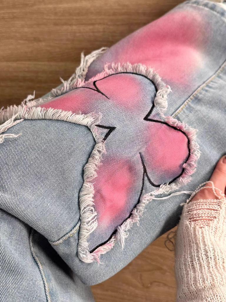 Women's Plus Size Retro High-Waist Loose Fit Butterfly Patchwork Wide-Leg Jeans