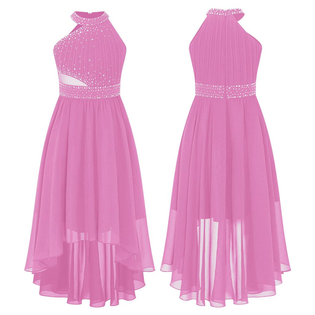 Kids Girls Shiny Rhinestone Party Dress Sleeveless Ruched Chiffon Dress High Waist Elegant Evening Formal Prom Dresses