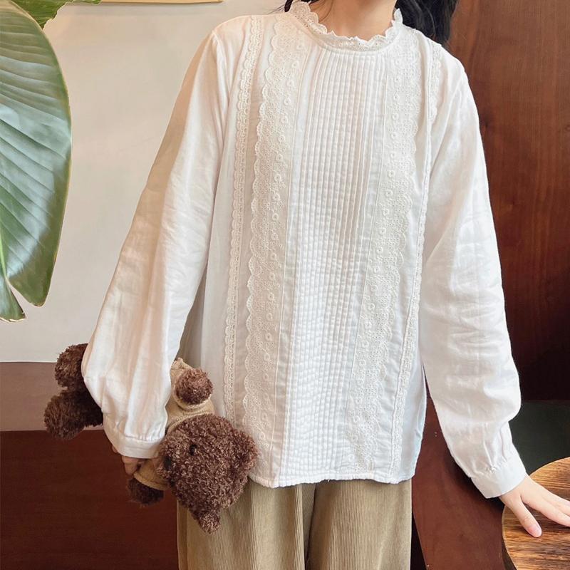 Johnature Bavlněné dámské halenky jarní ležérní jednobarevné bílé volánky Vintage dámské košile