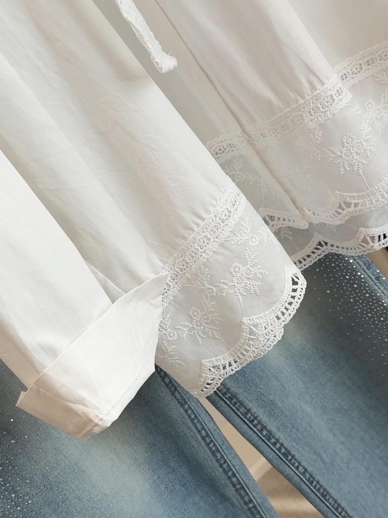 Women's Mid-Length French White Lace Embroidered Tie-up Long-Sleeve Shirt - Spring/Autumn Loose Fit