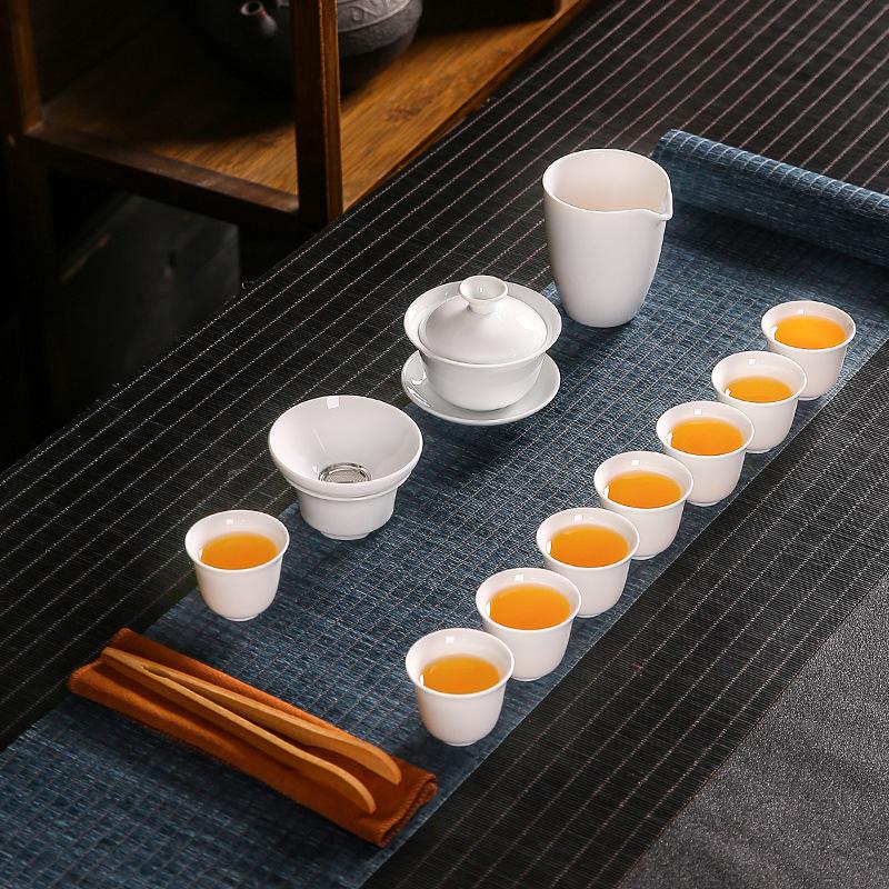 High-end Gift Box Ceramic Kung Fu Tea Set Home Office White Porcelain Cover Bowl Tea Cup Complete Set