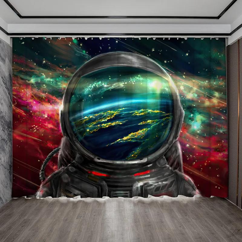 Personalized Creative Astronaut Pattern High Blackout Curtains Technology Sense Starry Sky Space Shading Drape Bedroom Curtain