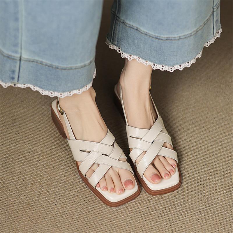Fashion New Summer Sandals Split Leather Women Shoes Square Toe Sandals for Women Fashion Chunky Heel Sandals High Heels Gladiator Shoes
