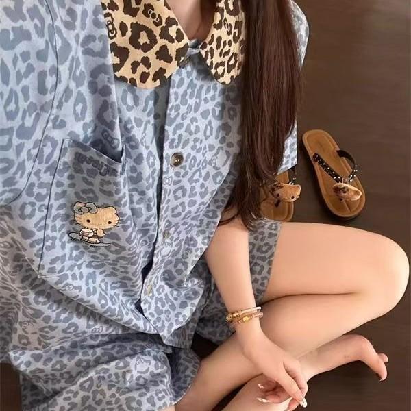 

High-end Kitty leopard print short-sleeved pajamas women s summer new style women s large-size suit loungewear summer S [recommended weight 35-40kg ]