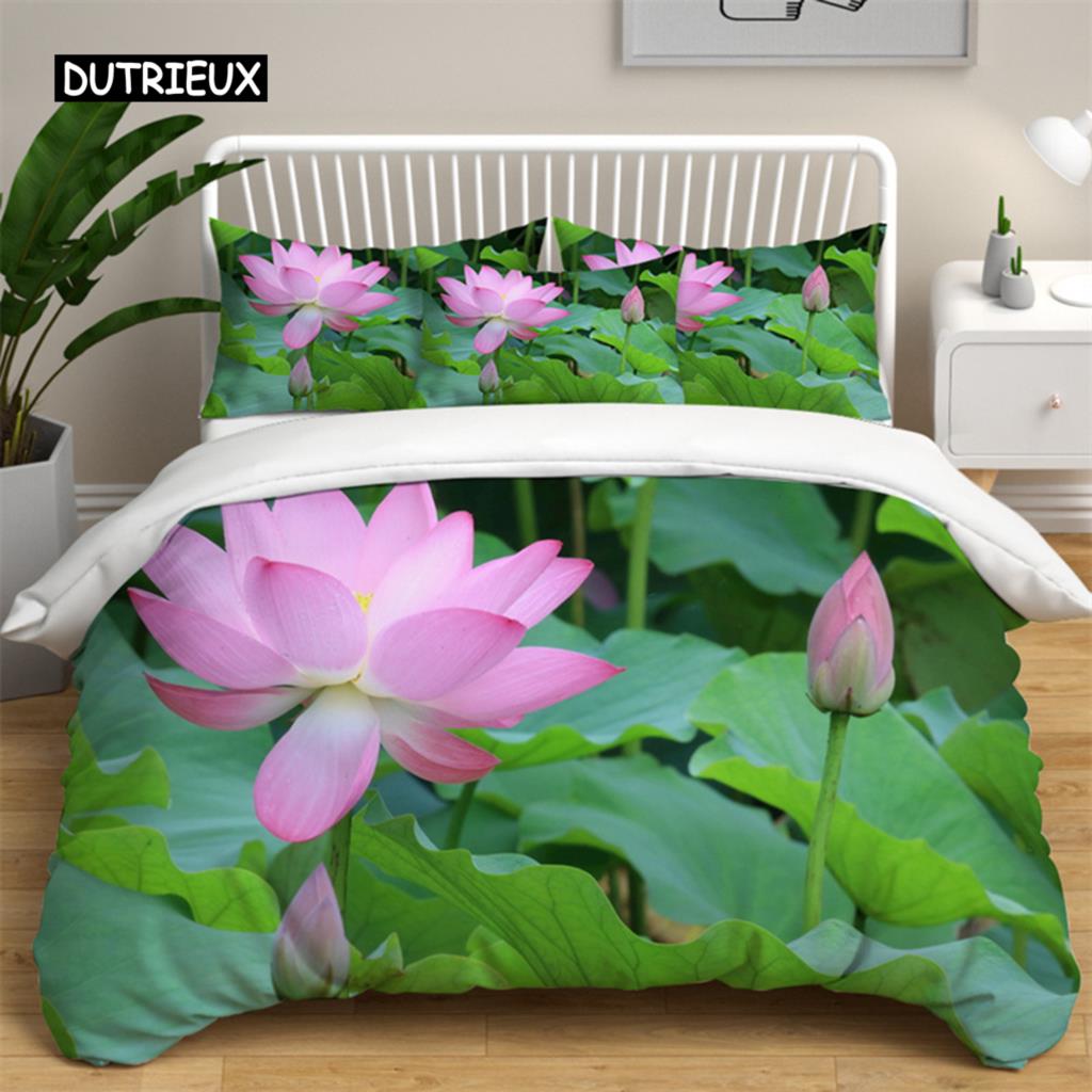 Lotus Floral Duvet Cover King Microfiber Water Hibiscus Bedding Set Flower Leaves Quilt Cover Nature Art Theme Bedspread Cover