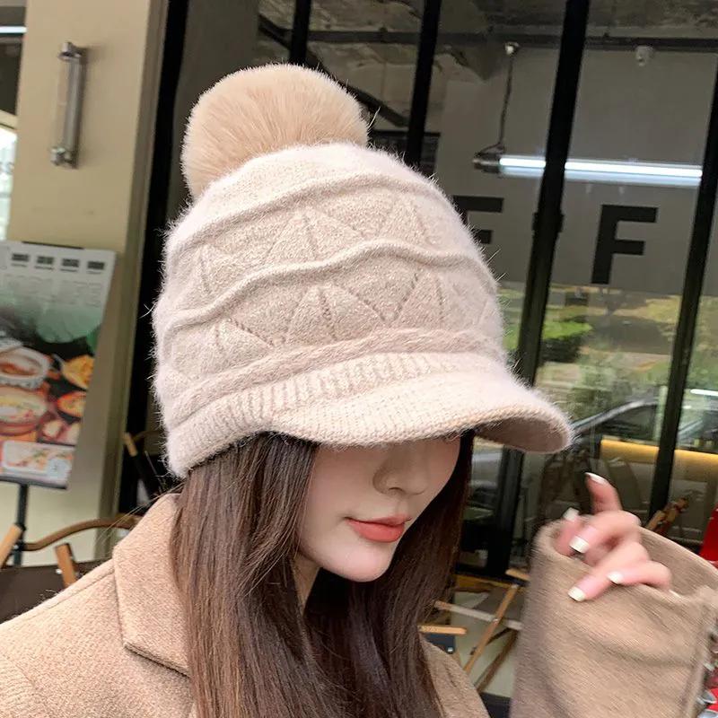 WTEMPO Rabbit Hair Blend Woolen Winter Hats Women All-match Hairball Peaked Caps Windproof Thickened Warm Plush Bomber Hats