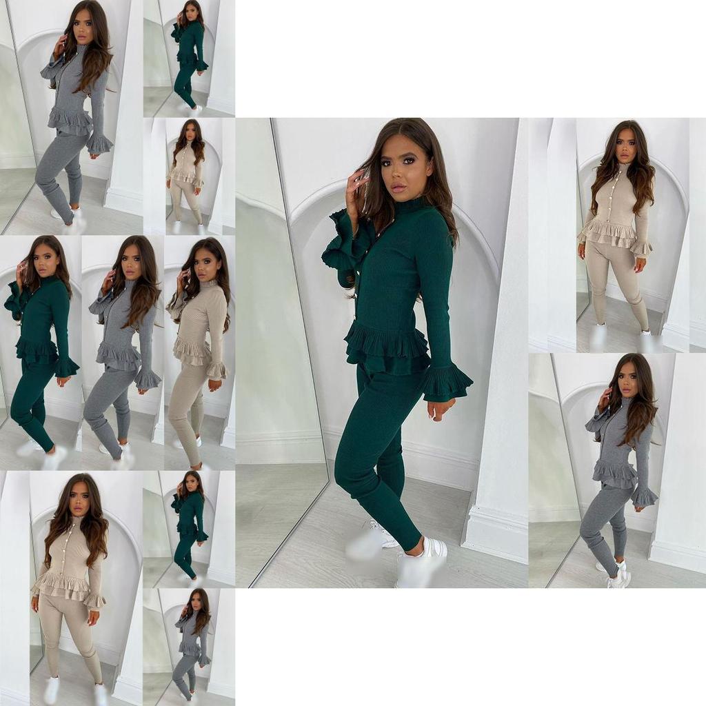 Stylish Women's Ladies Fine Ribbed Frill Peplum Button Loungewear Suit Tracksuit Set For Cozy Comfort