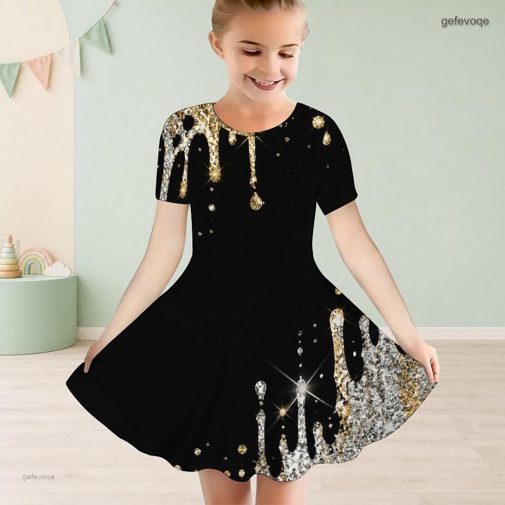 Girls Round Neck Short Sleeve Printed Light Purple A Line Flared Dress