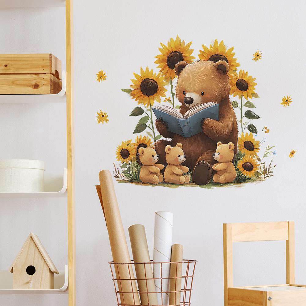 Cartoon Parent-child Bear Sunflower Bedroom Living Room Home Wall Background Beautification Decoration Wall Stickers