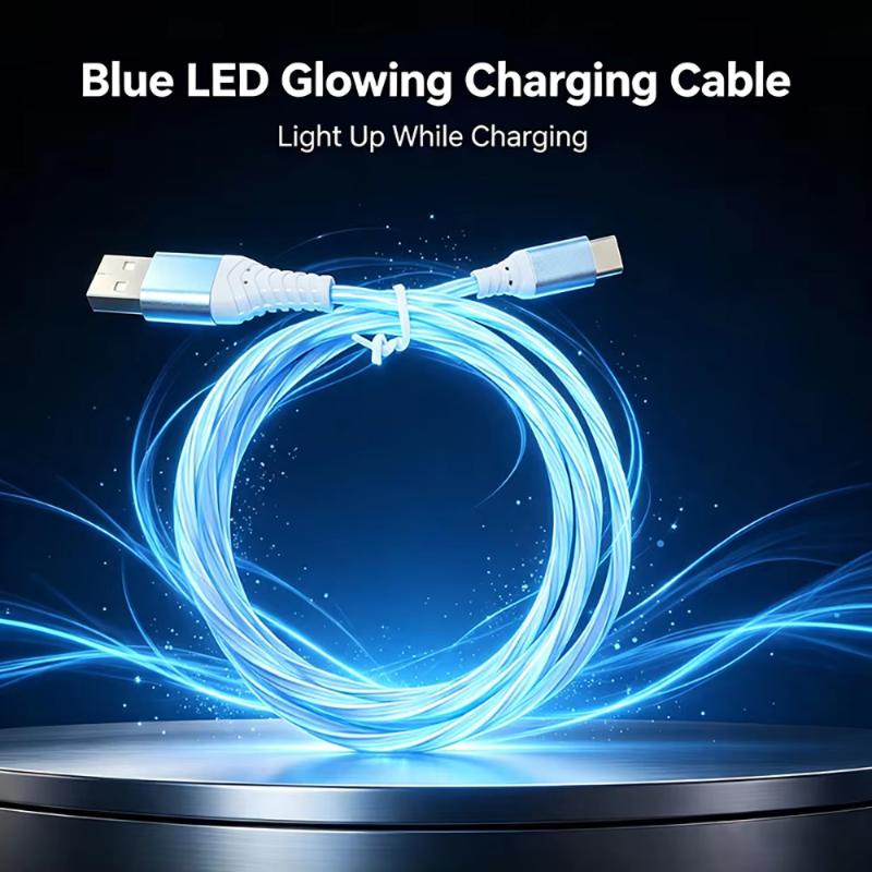 USB Fast Charging Cable LED Flowing Light Effect Waterproof Durable Cord for Car Outdoor Camping Phone Charge