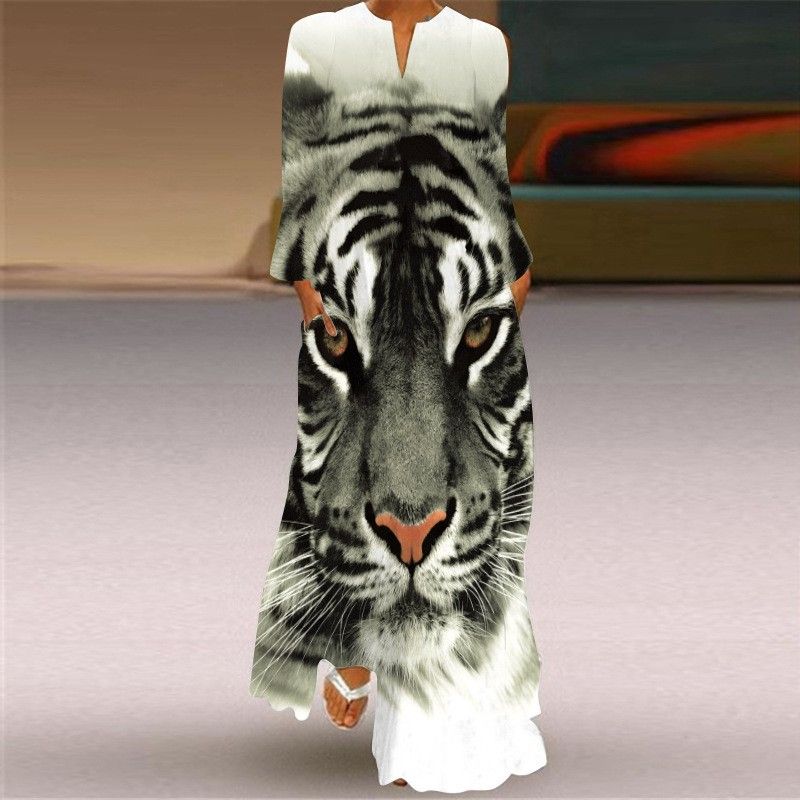 New Chinese Style Chinese Style Skirt Elegant Sexy Long Sleeves 3D Print Long Skirt Loose Plus Size Women's Clothing Long Dress