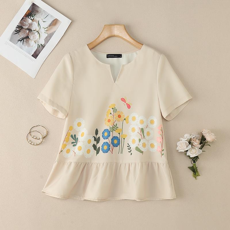 ZANZEA Women Casual V-Neck Short Sleeve Floral Print Blouse