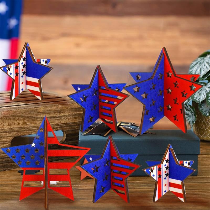 4th of July Wooden Star Ornaments Set of 6 - Patriotic Wood Table Decorations for Independence Day Party Theme