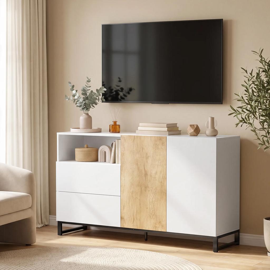 Living Room Sideboard, 2 Soft-Close Doors, 2 Drawers, Adjustable Shelf, White and Oak