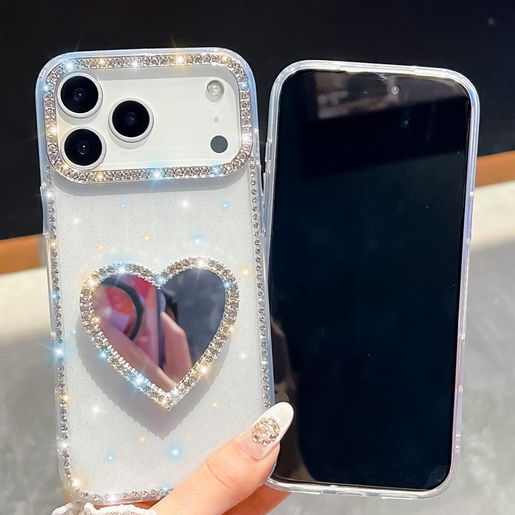 Diamond Frame Glitter Clear Phone Case For Iphone 16 Plus 15 14 13 Pro Max 16e 16promax 15promax 3D Love Heart Mirror Holder