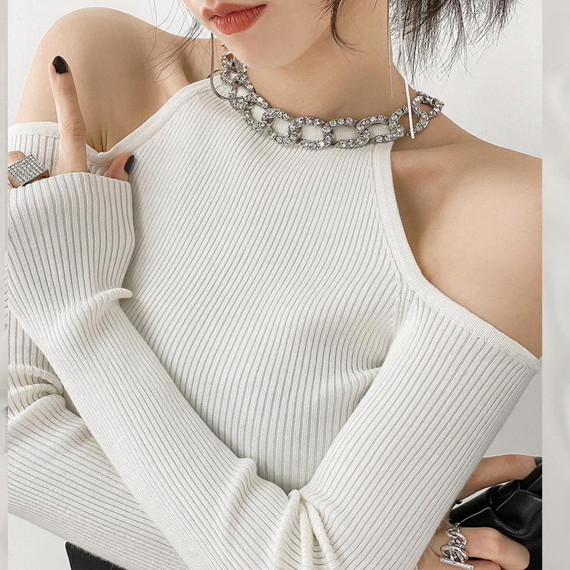 

DX - сексуальный свитер с открытыми плечами и цепочкой на ключице Flash Diamond для женщин осенью и зимой, тщательное машинное похудение, топ на тонкой подкладке 0nesize белый