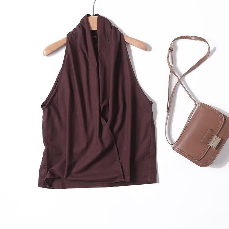 

MD Women clothes French style Minimalist Elegant Cross Neck Collar Sling Linen Sleeveless Shirts Top 05131640671 Dark brown L