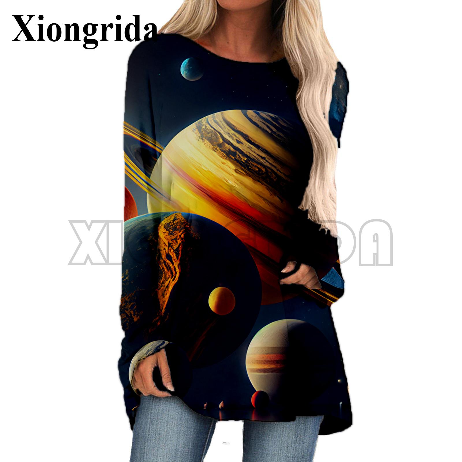 

Модные женские футболки с круглым вырезом, 3D-принтом планеты и звезды, футболки с длинным рукавом, женская одежда, пуловер S-5XL XL