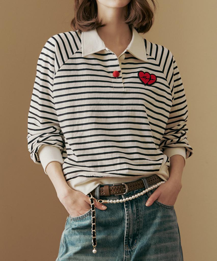 MAXZA Heart Wappen Shirt Collar Striped T-Shirt