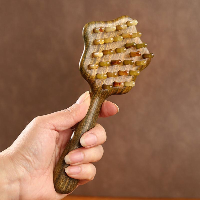 Natural Green Sandalwood & Sheep Horn Star Handle Comb - Solid Wood, Unpainted, Portable Scalp Massage Comb.