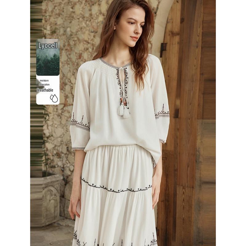 ELLE Boho Embroidered Linen Blend Blouse S