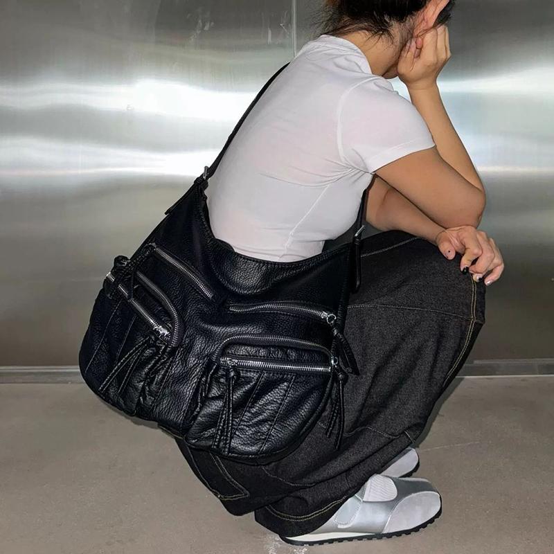 Vintage Large Capacity Soft Leather Black Motorcycle Bag Women's Simple Design Versatile Single Shoulder Crossbody Bag KTY