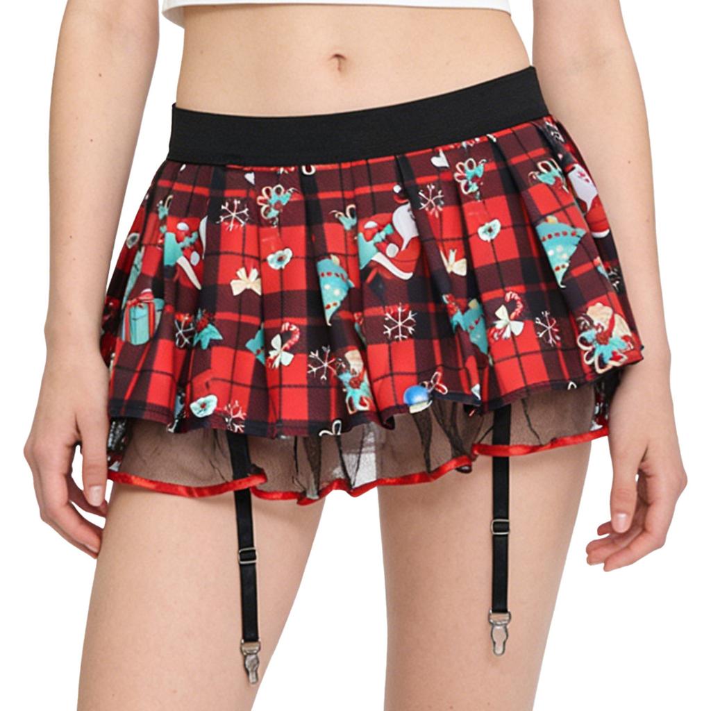 Pleated Plaid Miniskirt with Garters for Women S-XXL: Schoolgirl Cosplay Design with Tulle Lining & Elastic Waistband for Club Dance