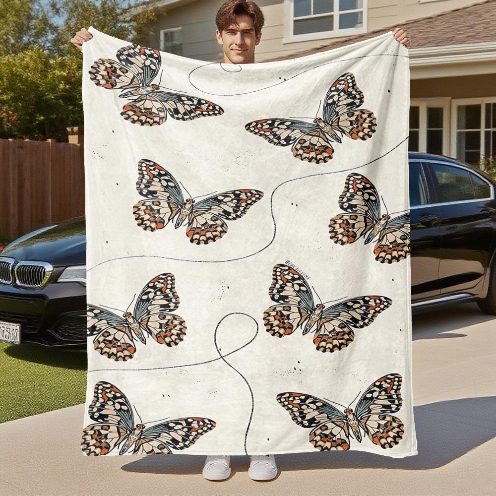 1PC Butterfly PrintOutdoor Flannel Blanket - Soft Plush Decor for Picnics, Camping, Bedroom, Playroom, Office, or Lunch Break 1282A