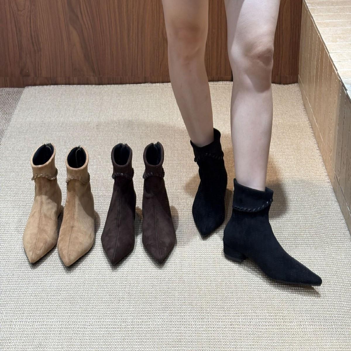 

2025 autumn and winter new pointed suede thick medium heel low tube thin Martin fashion women s short boots 39 кофейный