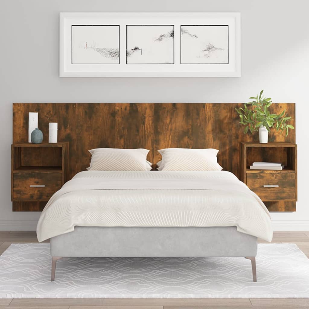 Headboard with Nightstands Smoked Oak Wood Based Material