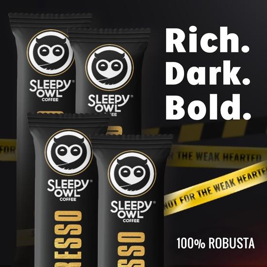 Sleepy Owl Xpresso Instant Coffee Sachets | Pack of 25 | Dark Roast Intense Java Flavor | Bold & Strong | Convenient On-The-Go Sachets