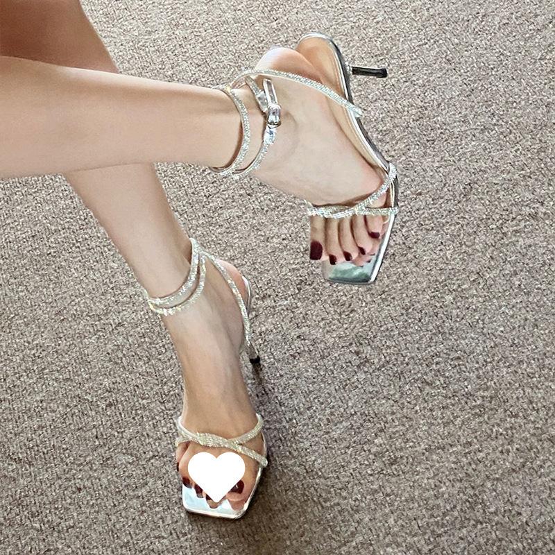 Exquisite Girl~ with Skirt Fashion Sandals Girl 2025 New French One-word Strap Square Head Stiletto High Heels