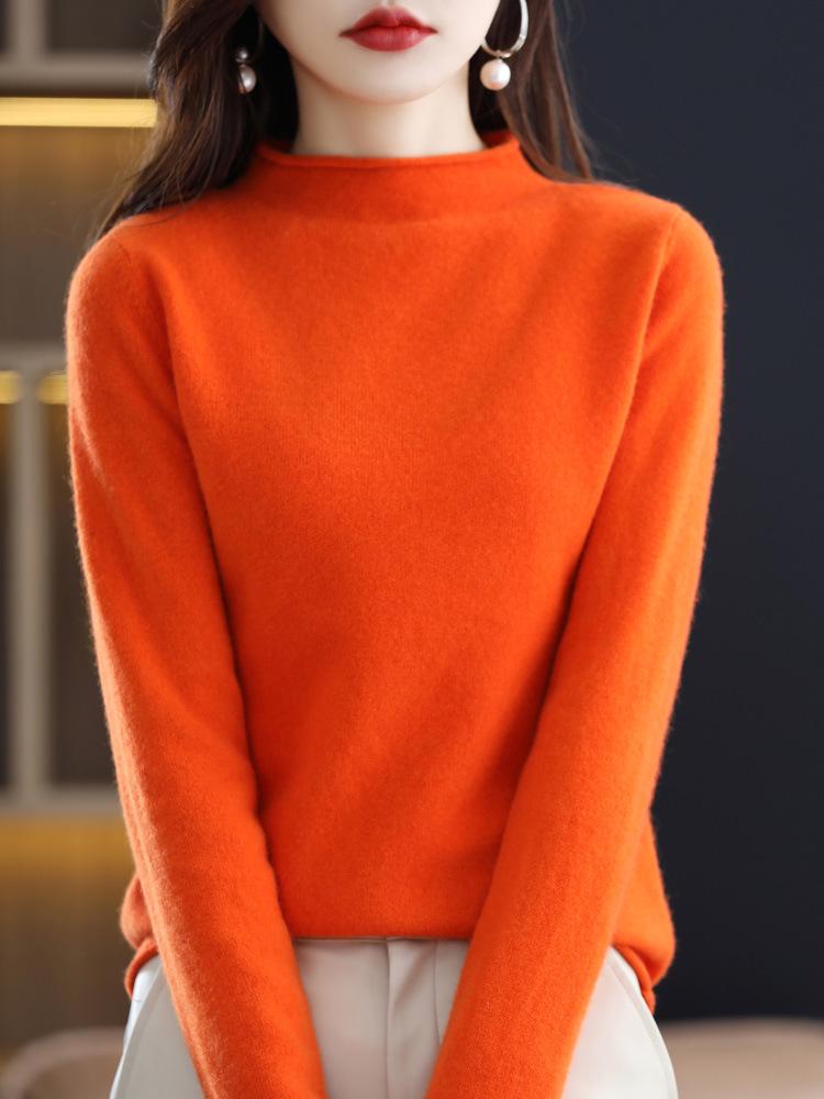 Women's Rolled Hem Half-High Neck 100% Wool Sweater - Stylish Autumn/Winter Base Layer