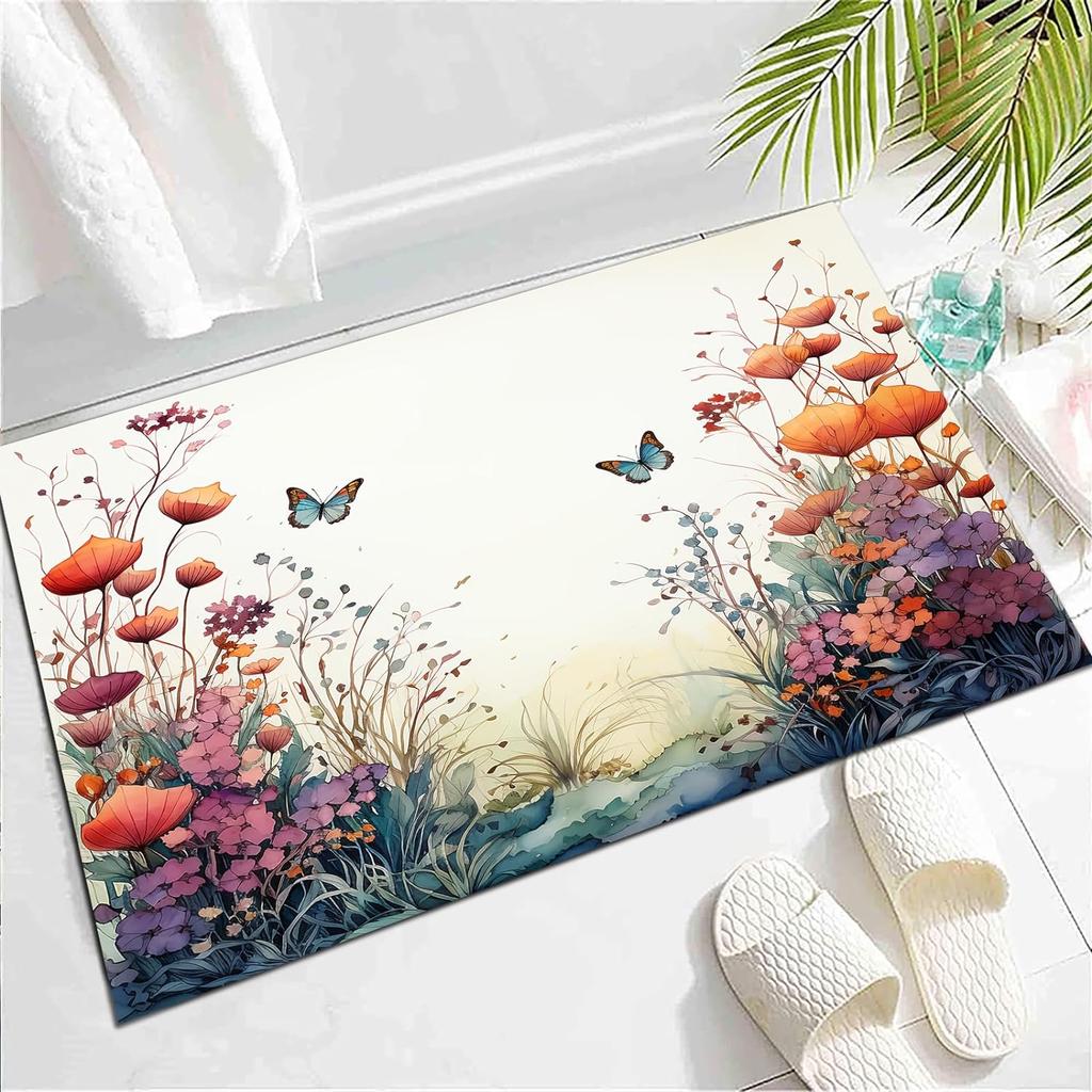Wild Animal Butterfly Carpet Spring Garden Plant Floral Rug for Bedside Sofa, Botanical Flower Floor Mat Home Entrance Doormat